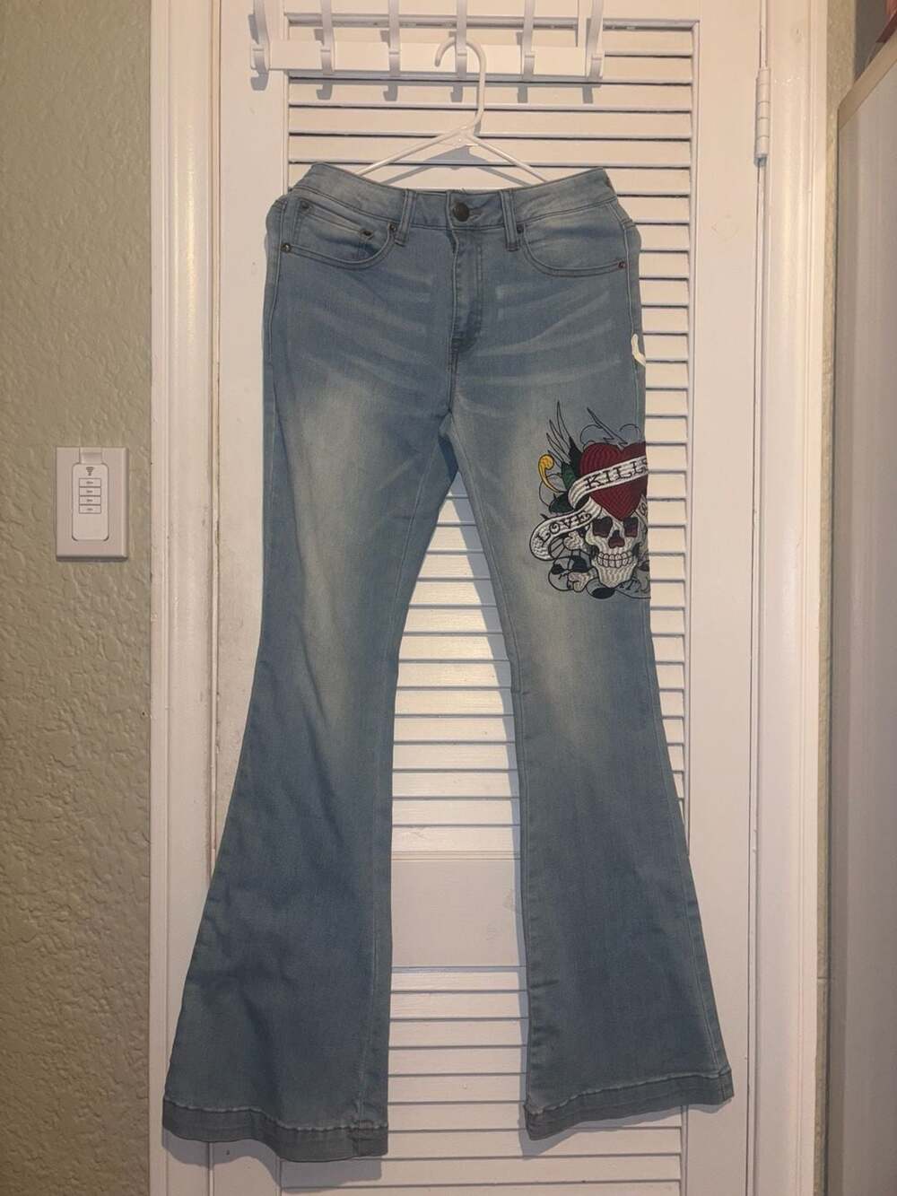 Y2k baddie Ed Hardy Women's Flare Jeans Love Kills Slowly Embroidered